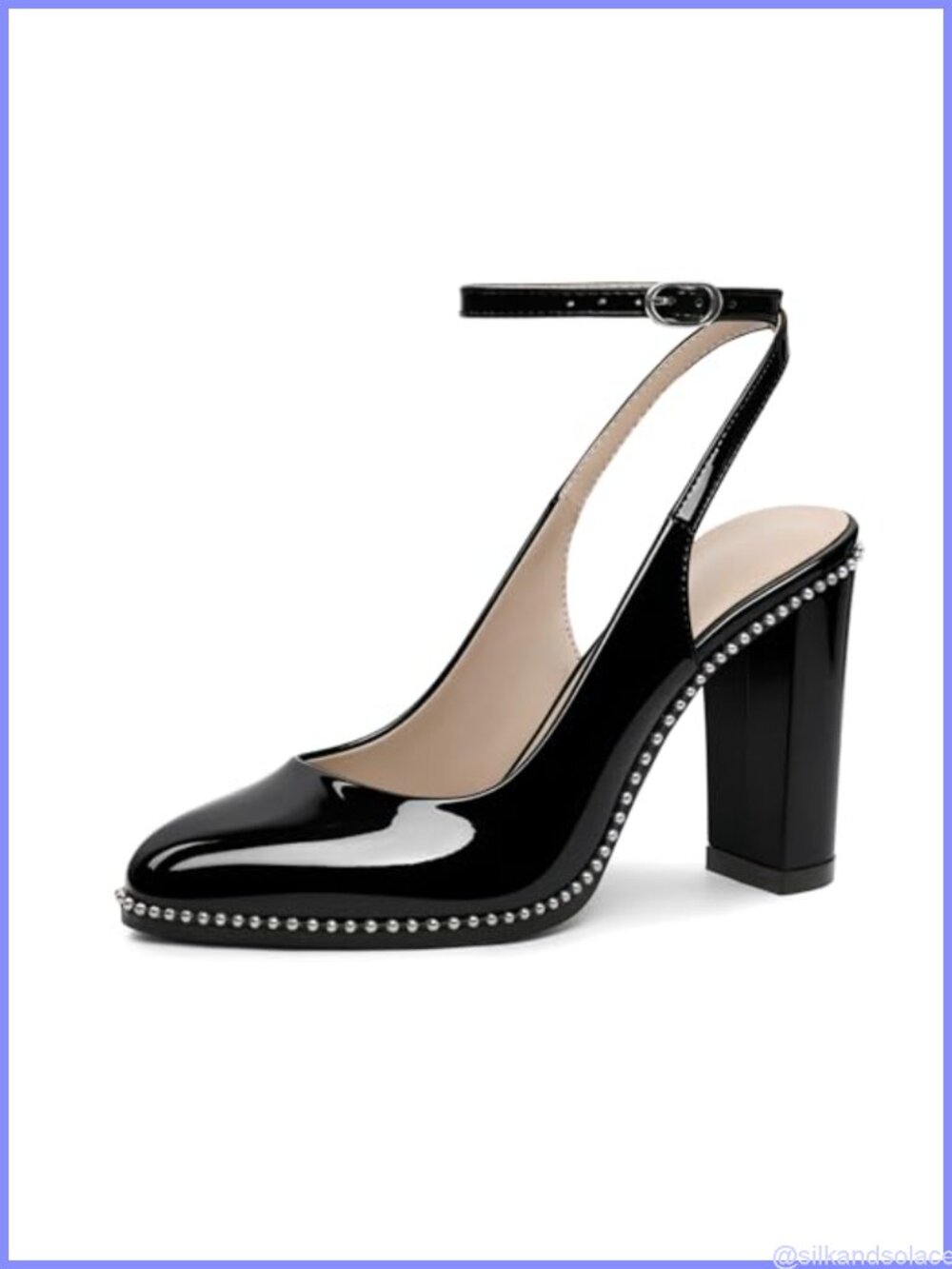 Slingback Chunky High Heels Closed Toe Ankle Strap Patent Leather Pumps